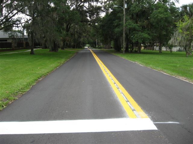 A newly paved and painted road.