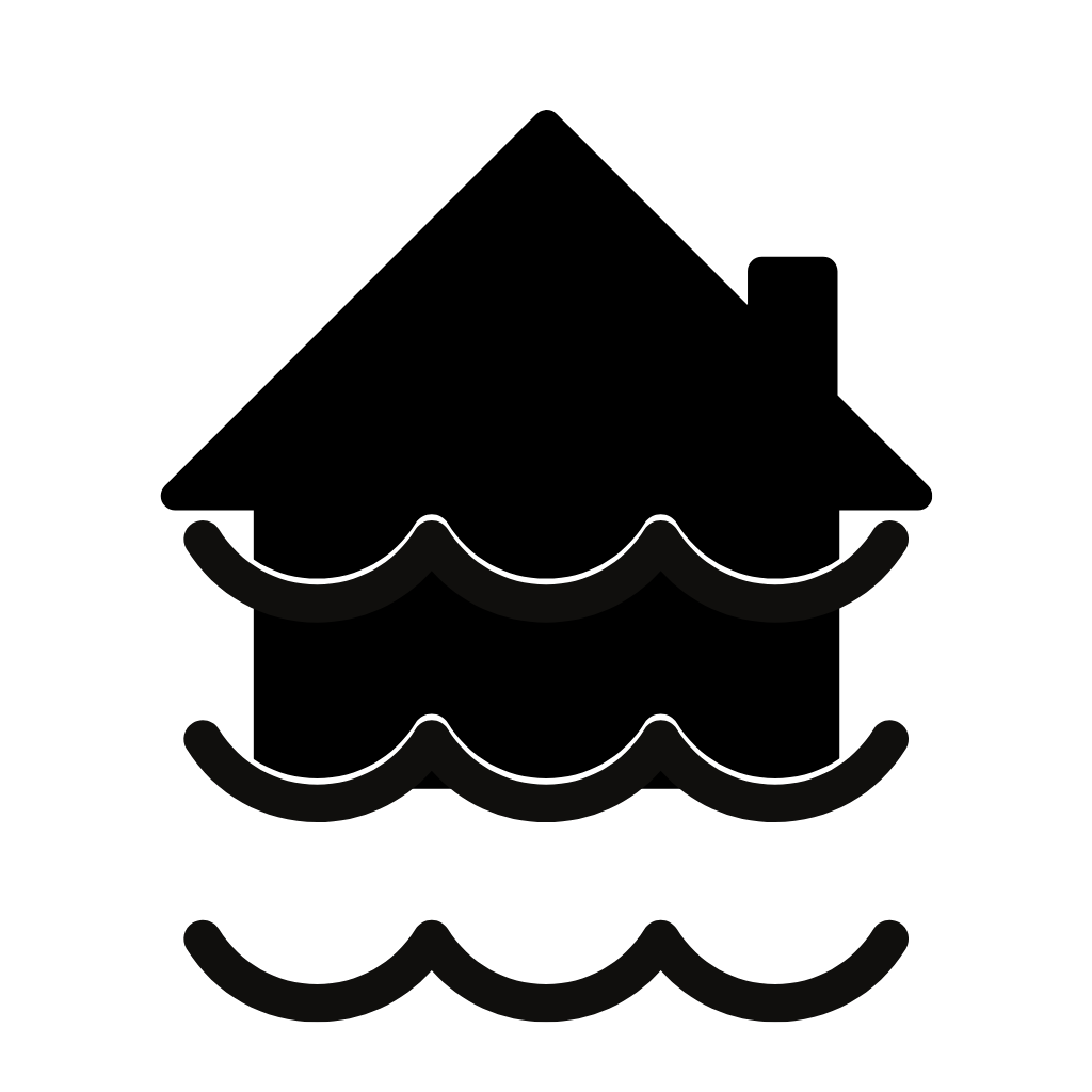 Black icon of a house with drawn water lines in front linking to stormwater page