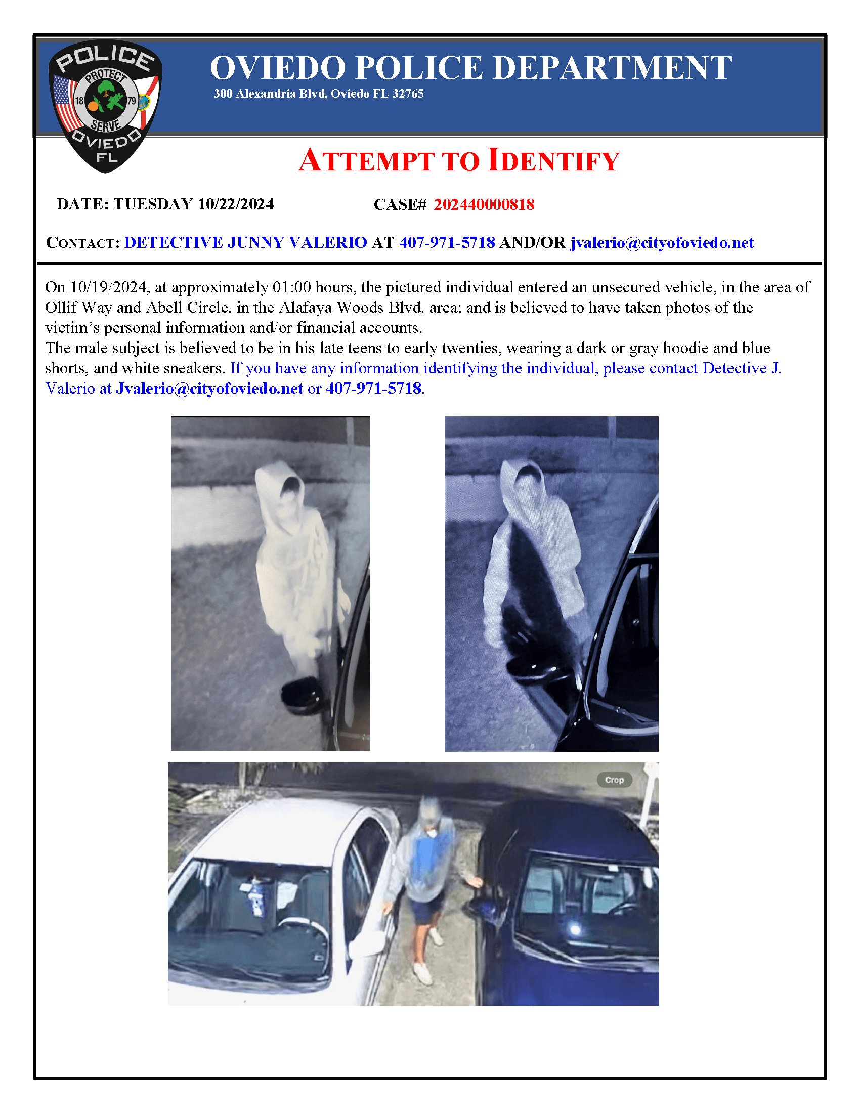 Car Burglary Suspect Crime Bulletin